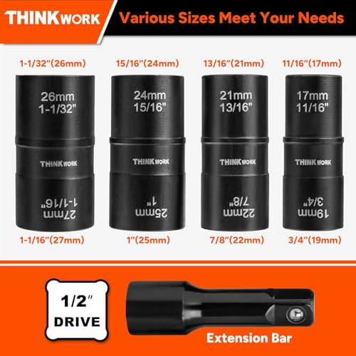 THINKWORK 1/2 Inch Drive Lug Nut Extractor Set, 5pcs Flip Wheel Lock Removal Kit, Double Ended Lug Nut Removal Tool for Stripped, Broken, Damaged, Rounded Bolts, Nuts and Fasteners - size: W6227-5-PCS