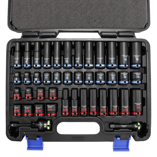 PRIDE&CRAFT 43PCS 3/8" Drive Impact Socket Set, SAE & Metric Deep and Shallow Sockets, 6-Point Cr-V Impact Socket Set with Extension Bar, Universal Joint & Drill Adapter, Heavy Duty Storage Case