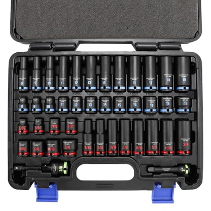 PRIDE&CRAFT 43PCS 3/8" Drive Impact Socket Set, SAE & Metric Deep and Shallow Sockets, 6-Point Cr-V Impact Socket Set with Extension Bar, Universal Joint & Drill Adapter, Heavy Duty Storage Case