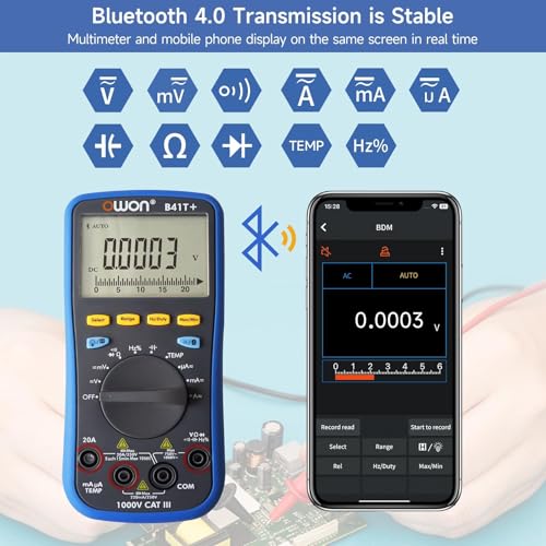 OWON B41T+ Bluetooth Digital Multimeter Auto-ranging TRMS 22000 Counts Ohmmeter for AC/DC Voltage,Current,Resistance,Continuity,Capacitance,Diodes,Temperature Measurement,Volt Meter for Automotive - style: O-B41T+