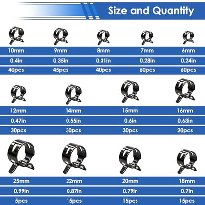 smseace 406Pcs 6-25mm Spring Band Hose Clamps With Plier 13-sizes Constant Tension Hose Clamp used for Fuel Line，Vacuum Hose，Air Hose - size: 6-25mm 406pcs