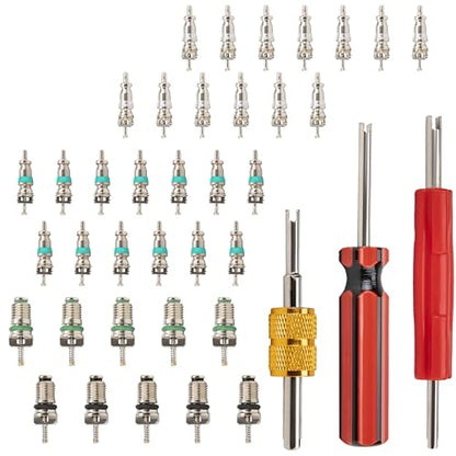 39 PCS Air Conditioning Valve Core Accessories Kit, R12 R134a Refrigeration Schrader Tire Valve Stem Cores with Single & Dual Heads Valve Core Remover Installer Tool, HVAC System Seal Caps Kit