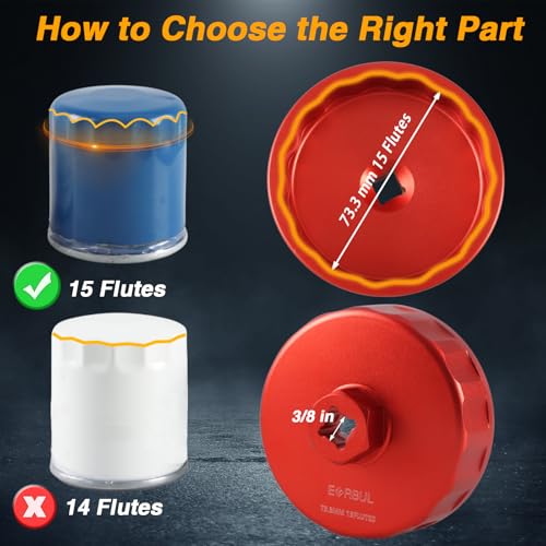 EVRBUL Aluminum Oil Filter Wrench Cap Tool Remover 73.3 mm 15 Flutes Oil Filter Cap Wrench Removal Tool Compatible with Chevy Toyota GM PF46 PF47 PF48 PF48e PF63