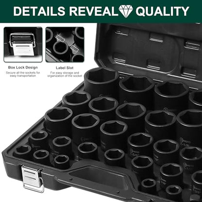 3/4" Drive Impact Socket Set, 31 Piece SAE 11/16" to 2-1/2", 6-Point Sockets Cr-Mo Alloy Steel for Auto Repair Rugged Construction, Storage Case - style: 31pcs