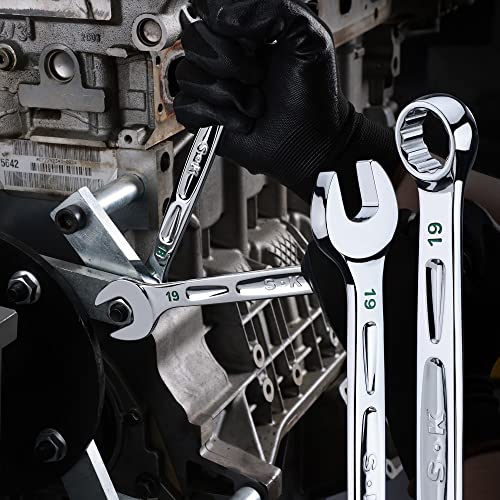 SK Combination Wrench Set, Metric 8 to 19mm, 12-Piece, SuperKrome Finish, Premium CR-V Construction, with Rolling Pouch - size: Metric