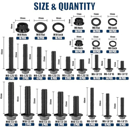 400pcs Metric Flange Bolt Assortment 10.9 Grade Black Hex Bolts M6x1.0, M8x1.25, M10x1.5 (12mm to 45mm) Assorted Nuts and Bolts Washers Kit for Automotive - size: Flange Bolts-400PCS KIT