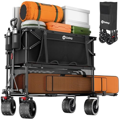 Sekey 500LBS Heavy Duty Double Decker Wagon with Extender, 400L Large Capacity Collapsible Garden Cart Fits 10x10 Canopy, All-Terrain Big Wheels with Brakes, Foldable Utility Wagon for Sports, Camping - color: Carbon Black