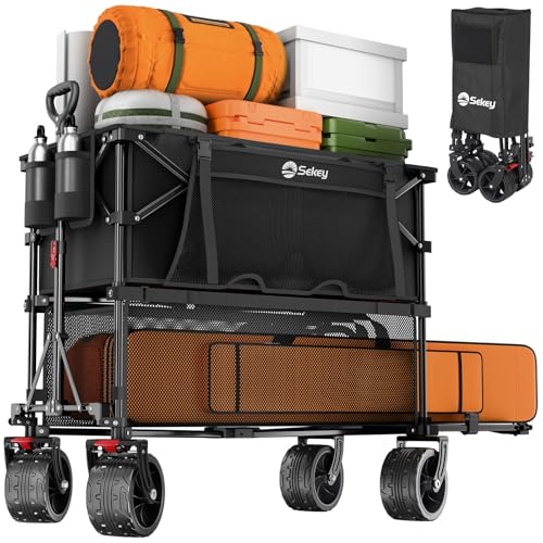 Sekey 500LBS Heavy Duty Double Decker Wagon with Extender, 400L Large Capacity Collapsible Garden Cart Fits 10x10 Canopy, All-Terrain Big Wheels with Brakes, Foldable Utility Wagon for Sports, Camping - color: Carbon Black