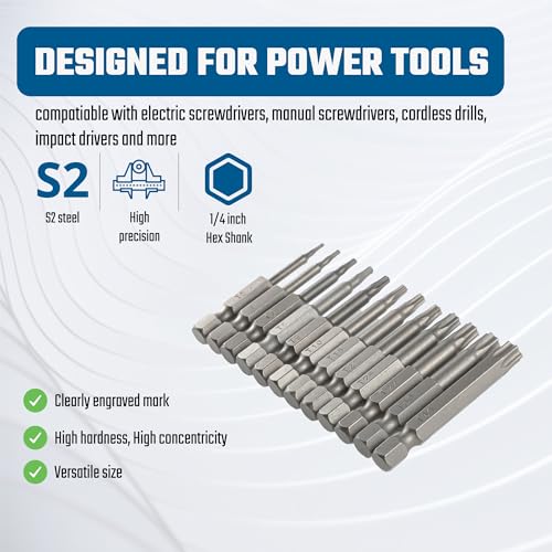 VESTTIO Torx Security Screwdriver Bit Set T5-T40 12PCS 1/4 Inch Hex Shank 2 Inch/50 mm Length S2 Steel Tamper Proof Star 6 Point with Magnetic for Power Screwdriver Drill Impact Driver - size: T5-T40/1 inch