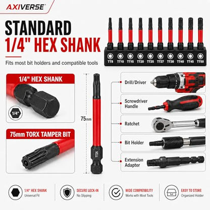10PCS Security Torx Bit Set TT6-TT40, 3-Inch for Impact Drivers | TT6-TT40 Tamper-Resistant Star Bits, 3 in Long, Magnetic Tips, 1/4 in Hex Shank, Impact-Ready Alloy Steel, Clear Case - size: 3 in