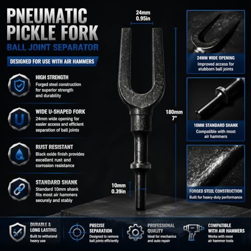 Pneumatic Separating Pickle Fork for Ball Joint and Tie Rod Removal | precision heat-treated,Industrial-grade forged steel,high impact resistance,Advanced anti-rust coating,Precision fork angle