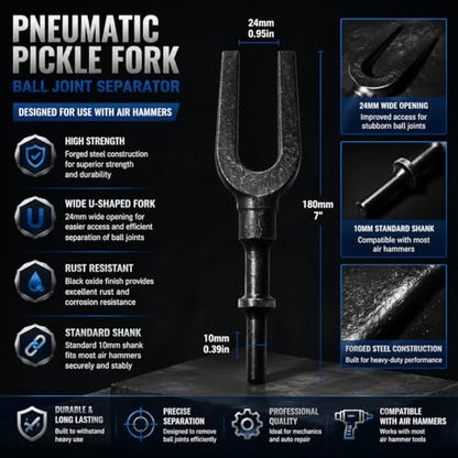 Pneumatic Separating Pickle Fork for Ball Joint and Tie Rod Removal | precision heat-treated,Industrial-grade forged steel,high impact resistance,Advanced anti-rust coating,Precision fork angle