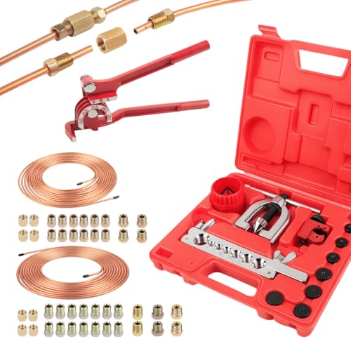 Wostore 25FT 3/16"+1/4" Brake Line Kit, Flaring Tool, Bender & 44 Fittings | Flaring tool, tube bender, 44 brass fittings. Copper-coated, rust-resistant. 3/16 & 1/4 lines for cars, trucks, motorcycles - size: Double flare kit with 3/16"&1/4" Brake Line