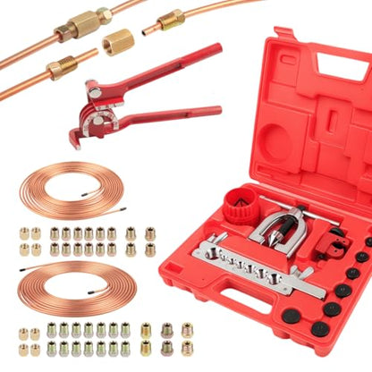Wostore 25FT 3/16"+1/4" Brake Line Kit, Flaring Tool, Bender & 44 Fittings | Flaring tool, tube bender, 44 brass fittings. Copper-coated, rust-resistant. 3/16 & 1/4 lines for cars, trucks, motorcycles - size: Double flare kit with 3/16"&1/4" Brake Line