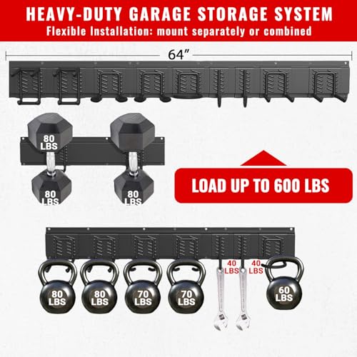 Garage Tool Organizer Wall Mount, Easy to 64inch Install Heavy-Duty Garage Storage System with 9 Adjustable Hooks, Garden Tool Rack for Shovels, Rakes, Yard Tools - size: 64" System - 9 Piece Set