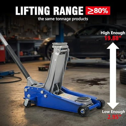 3-Ton Low-Profile Dual-Piston Floor Jack 3.1-18.7in Lift Range 6600-lb Capacity Aluminum Steel Blue Silver - color: Blue,Silver_1