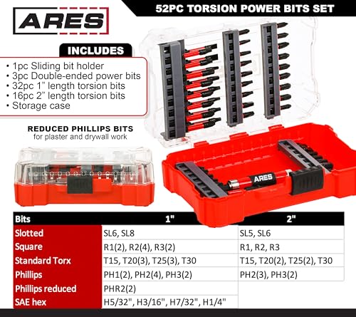 ARES 31022-52-Piece Torsion Power Bit Set with Sliding Bit Holder – Includes Standard and Reduced Philips, SAE Hex, Standard Torx, Slotted, Double-Ended Power, and Square - size: 52-Piece Torsion Power Bit Set with Bit Holder