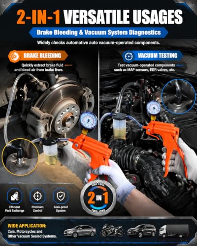 SGT 2 in 1 Brake Bleeder Kit,Brake Bleeding Kit with Hand Vacuum Pump and Adapters,for Brake Fluid Power Steering Fluid More,Vacuum Brake Bleeder Pump with Case & Gloves