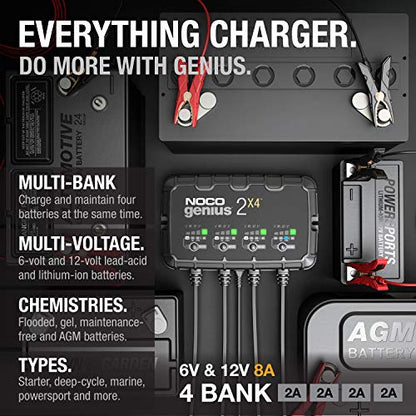 NOCO GENIUS2X4: 8A 4-Bank Smart Battery Charger (2A/Bank) - 6V/12V Automatic Maintainer, Trickle Charger & Desulfator with Overcharge Protection & Temperature Compensation – for Lead-Acid & Lithium - size: 8A (2A per Bank)