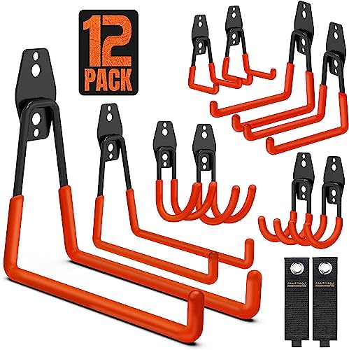 Garage Hooks, 12 Pack Wall Storage Hanger with 2 Extension Cord Straps, Heavy Duty Tool Holder for Utilities Organization, Wall Mount Rack for Garden Lawn Tools, Ladders, Bike, Ski (Orange) - color: 12 Pack Orange Hooks