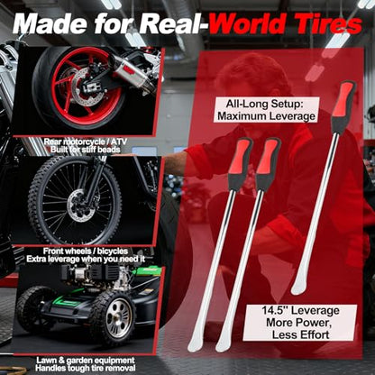 38 PCS Tire Spoons Tool Set, Premium Tire Irons Tire Changing Kit with 14.5" Levers for Motorcycle, Dirt Bike & Lawn Mower, Including Rim Protectors, Valve Tools & Accessories - size: 3 × 14.5"