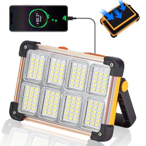 120W Solar Rechargeable Work Light, 144 LED 10000LM Portable Flood Light with Stand, IP66 Waterproof 4 Modes LED Job Site Lighting Flashlights for Mechanic Camping Fishing Car Repair - style: Yellow 1 Pack