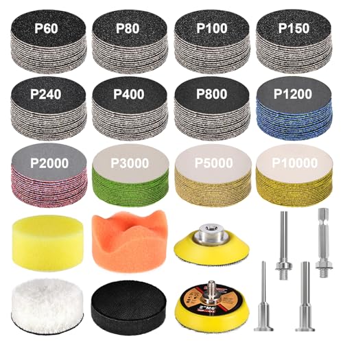 189 PCS 2 Inch Wet Dry Sanding Discs 60-10000 Grit Hook and Loop Sandpaper | Drill Sanding Attachment Polishing Kit Headlight Restoration Kit with Rotary Tools for Auto Metal Glass Resin Wood Jewelry - color: 2 Inch Sanding Discs with Polishing Pads