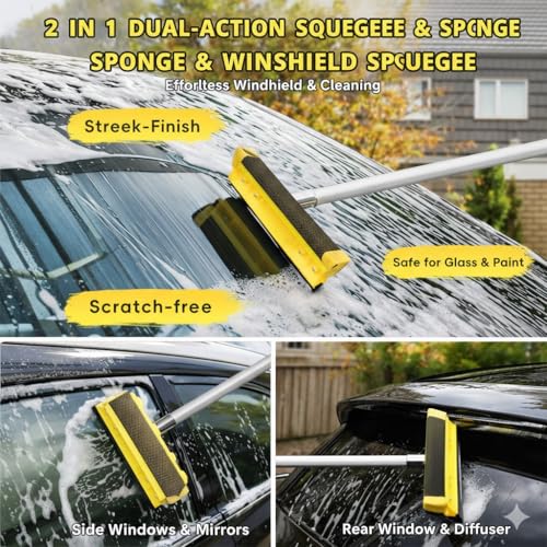 18FT Reach Car Wash Brush with Long Handle, Car Wash Kit with 4.6-12 Telescoping Pole, 20L Collapsible Bucket, Microfiber Cleaning Mop, Mitt, Window Squeegee for RV Truck SUV Boat Solar Pane Washing