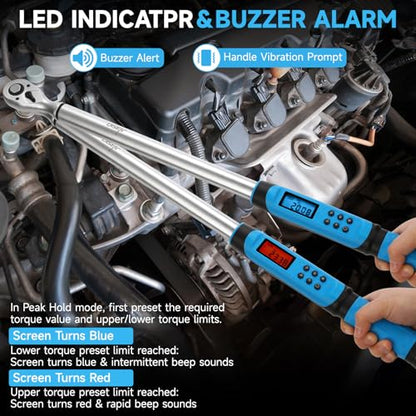 DISEN 1/2 inch Digital Torque Wrench (17-340 N.m / 12.5-250.8 Ft.lb), ±2% Accuracy, 4 Modes with Adjustable Limits, Blue/Red Alarm & Buzzer, 5 Units, for Automotive Motorcycle Bicycle Repair - size: 1/2 inch