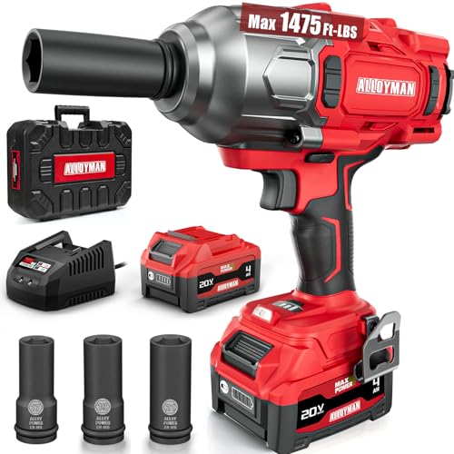 Alloyman Cordless Impact Wrench, 1475Ft-lbs (2000N.m) 1/2 High Torque Brushless Impact Gun, 20V Power Impact Driver, 4000mAh Battery,3 Sockets, Brushless Motor Variable Speeds for Car/Truck RV/Mower - style: 1475Ft-lbs /1x Battery
