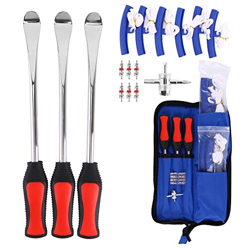 Asooll 11.5" Tire Spoon Dirt Bike Tire Changing Spoons Lever Steel Kit | Tire Iron for Motorcycle ATV Lawn Mower | with 1 Portable Bag + 3 Tire Spoons+ 6 Rim Protectors + 6 Valve Cores + 1 Valve - size: 3*11.5”+tool kit+bag