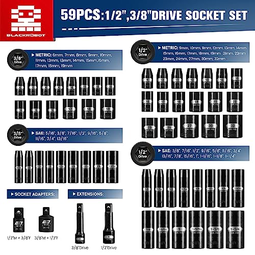 BLACKROBOT 59PCS 3/8" and 1/2” Drive Impact Socket Set, Metric/SAE Deep/Shallow, Cr-Mo, 6-Point, 5/16" to 1-1/4", 6mm - 32mm, Includes Socket Adapter and Extension Bar