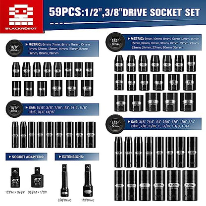 BLACKROBOT 59PCS 3/8" and 1/2” Drive Impact Socket Set, Metric/SAE Deep/Shallow, Cr-Mo, 6-Point, 5/16" to 1-1/4", 6mm - 32mm, Includes Socket Adapter and Extension Bar