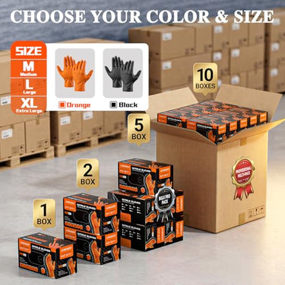 ANBOSON 10mil Nitrile-Gloves Disposable-Orange Chemical-Resistant Rubber - Mechanic Gloves Heavy Duty, Latex Free, Diamond Grip (100, Medium) | Diamond Grip,Latex Free,Chemical Resistant Disposable Thick Rubber Gloves for Auto Repair, Industrial, Food, Wo