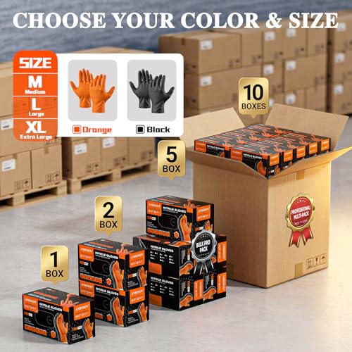 ANBOSON 10mil Nitrile-Gloves Disposable-Orange Chemical-Resistant Rubber - Mechanic Gloves Heavy Duty, Latex Free, Diamond Grip (100, Medium) | Diamond Grip,Latex Free,Chemical Resistant Disposable Thick Rubber Gloves for Auto Repair, Industrial, Food, Wo