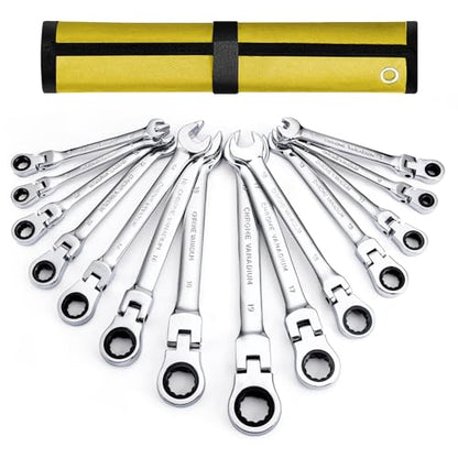 14-Piece Flex Head Ratcheting Wrench Set, Metric Combination Wrenches Set 6-19mm, 72-Tooth, CR-V Steel, Ideal for Tight Spaces, Automotive Repair - size: 14-pcs + Yellow Pouch