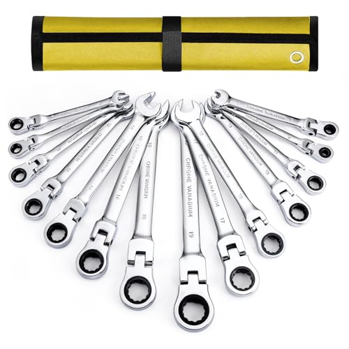 14-Piece Flex Head Ratcheting Wrench Set, Metric Combination Wrenches Set 6-19mm, 72-Tooth, CR-V Steel, Ideal for Tight Spaces, Automotive Repair - size: 14-pcs + Yellow Pouch