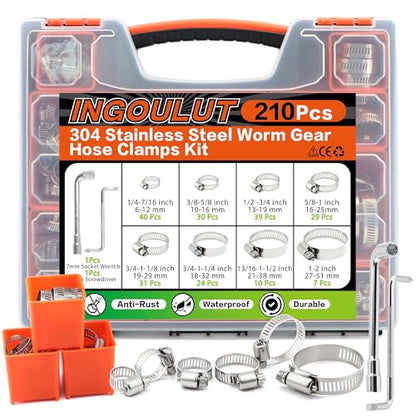 210Pcs Stainless Steel Hose Clamps Assortment Kit 1/4"to 2"(6-51mm) Adjustable Worm Gear Hose Clamps, Small Heavy Duty Hose Clamps for Automotive/Garden/Water Pipe/Sprinkler Line/Fuel Line - size: 210pcs