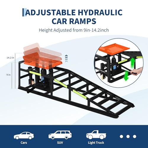 Heavy Duty Hydraulic Car Ramps 2 Pack, 5 Ton Capacity 9-15 Inch Lift for Cars SUVs Trucks with Rolling Wheels & Reflective Strips for Oil Changes Tire Rotations - color: Orange With Rolling Wheels