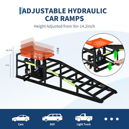Heavy Duty Hydraulic Car Ramps 2 Pack, 5 Ton Capacity 9-15 Inch Lift for Cars SUVs Trucks with Rolling Wheels & Reflective Strips for Oil Changes Tire Rotations - color: Orange With Rolling Wheels