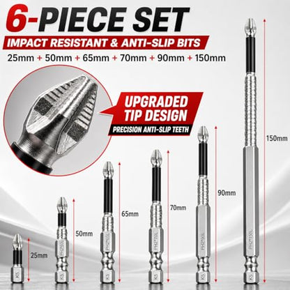 High Magnetic Drill Bit Set: K5 Impact Resistant Anti-Slip Bits, Non-Slip Alloy Steel for Impact Drivers, DIY/Pro Use 6pcs (25-150mm) (6, chrome plated) - color: Chrome Plated