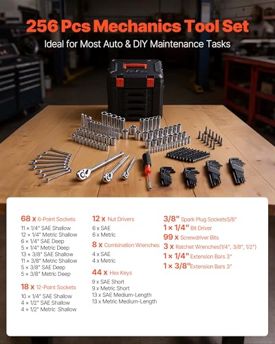 VEVOR Mechanics Tool Set, 256-Piece Mechanic Tool Kit, 1/4 in, 3/8 in, and 1/2 in Drive, SAE and Metric Socket Set, Wrenches, Screwdriver Bits, Accessories, and Storage Case, for Automotive Repair - size: 1/4"&3/8"&1/2", style: 256 PCS