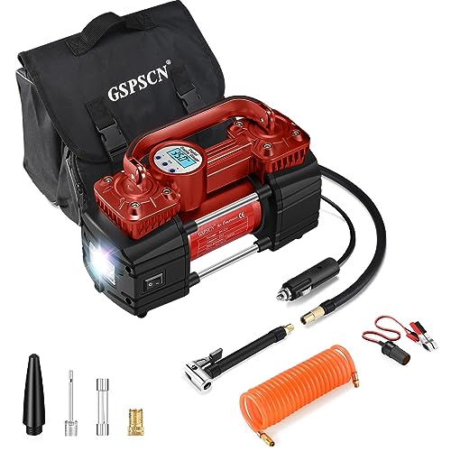 GSPSCN Heavy Duty Digital Tire Inflator 12V Portable Air Compressor Pump | 6X Faster Inflation Auto Shut-off Double Cylinders Metal Air Pump 150Psi with LED Light for Pickup,Truck,Car,Bicycles,RV,SUV - color: Red