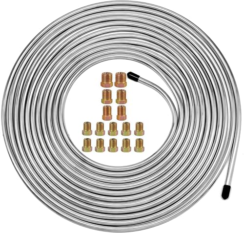 MuHize 25Ft 3/16 Inch Brake Line Kit - Zinc Coated Double-Walled Steel Brake Tubing with 16 Fittings for Car, Truck, SUV, Trailer | Hydraulic Fuel & Transmission Line | Corrosion Resistant - color: Silver
