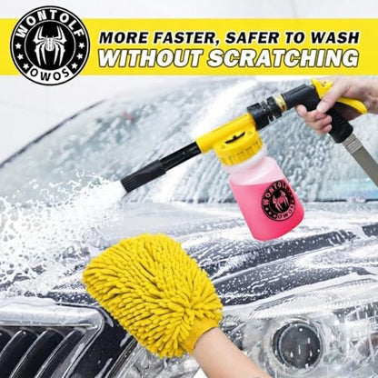Wontolf Car Wash Foam Gun Foam Sprayer - Foam Cannon Garden Hose- Car Wash Kit - Snow Foam Blaster with Microfiber Wash Mitt + Storage Bag - Car Accessories for Men - color: yellow