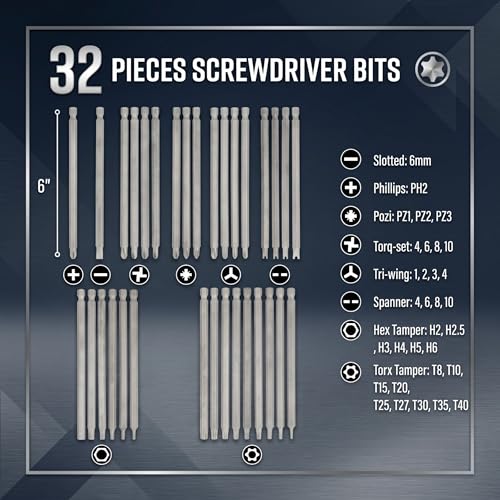 Bates- Long Screwdriver Bits, 6 Inch, 32 pcs, 1/4" Shank, S2 Steel, Long Screwdriver Bit Set
