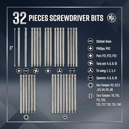 Bates- Long Screwdriver Bits, 6 Inch, 32 pcs, 1/4" Shank, S2 Steel, Long Screwdriver Bit Set