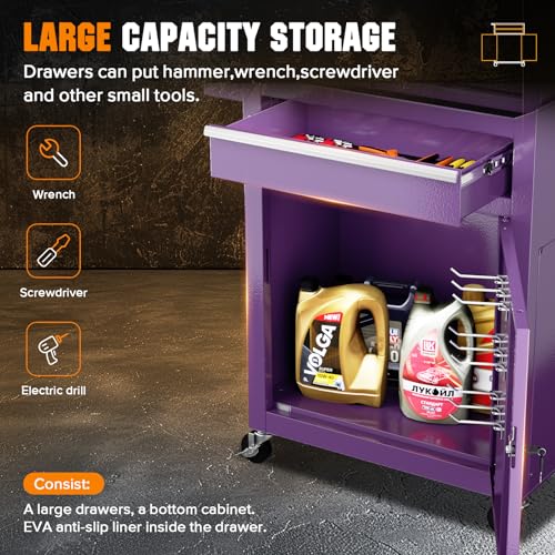 Oakcloud Heavy-Duty 5-Drawer Rolling Tool Chest & Cabinet Combo with Black Liner – Lockable Steel Garage Tool Box on Wheels – Detachable Top Toolbox & Bottom Storage Cart with Side Hooks, Purple - color: Purple, size: 5-drawer