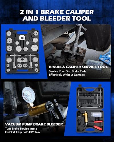 Orion Motor Tech 2 in 1 Brake Caliper Compression Tool & Brake Bleeder Kit, Handheld Vacuum Pump Brake Bleeder Tool Set, Disc Brake Pad Service Tool with Thrust Bolt Retaining Plates & 18 Adapters