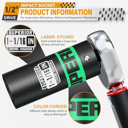 1/2" Drive Impact Socket, 1-1/16 inch Deep Socket, SAE, 6 Point, CR-V, for Car Repair, Loosen the Fastening Nut - size: 1/2" Drive 1-1/16 Inch Deep